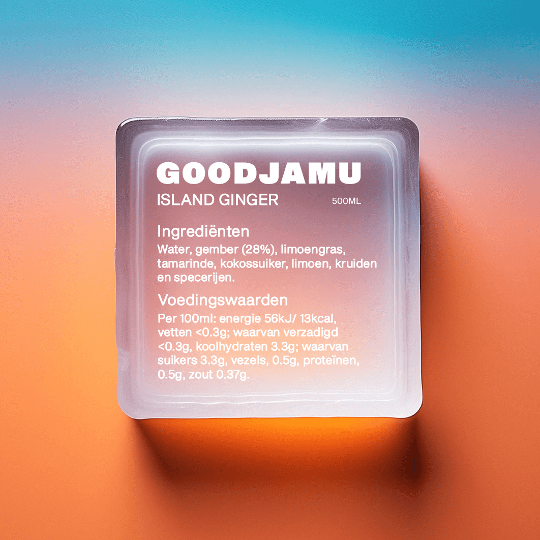 Ingrediënten en voedingswaarden van Island Ginger - Biologische Gember Drank, met 28% gember, limoengras en tamarinde voor energie.