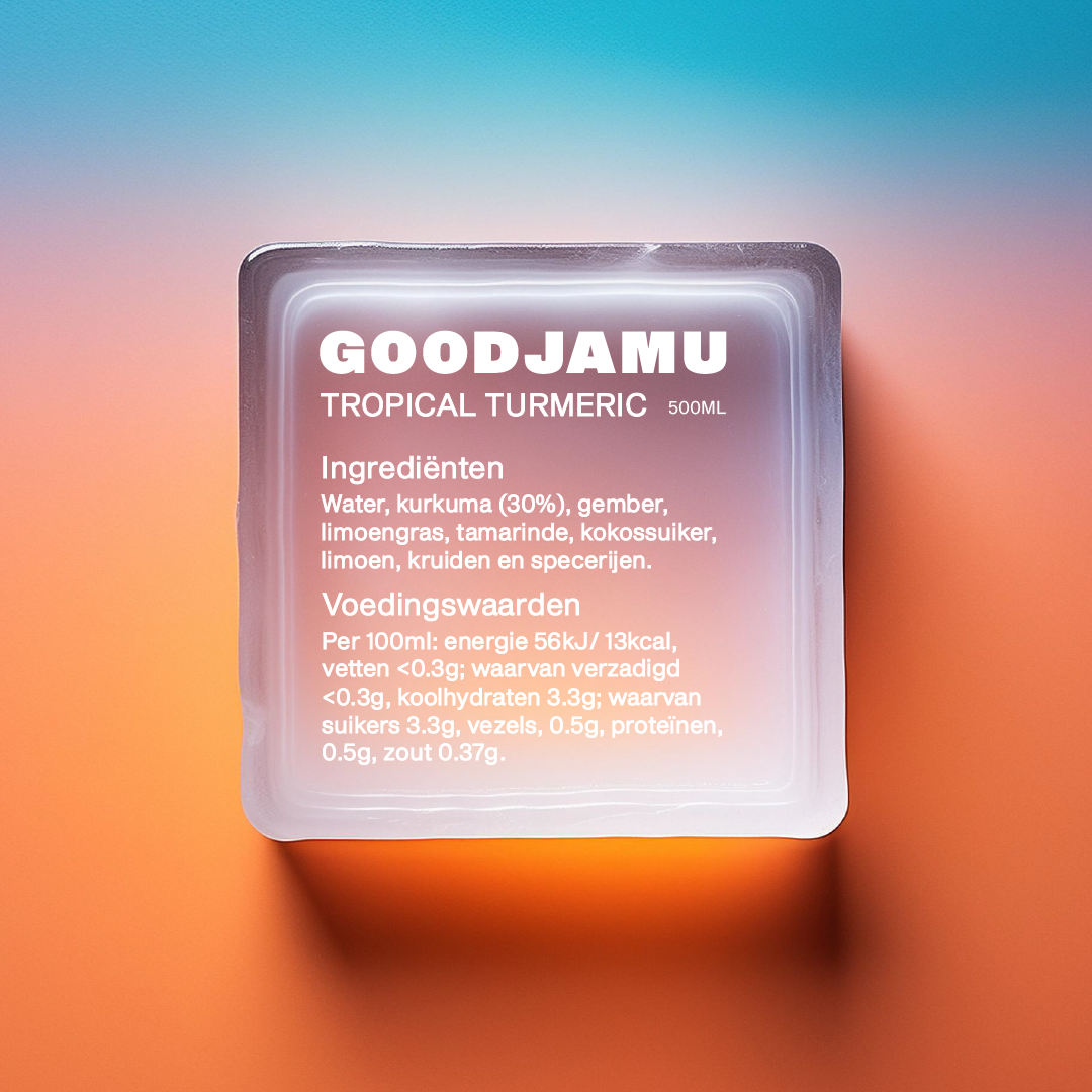 Ingrediënten en voedingswaarden van Tropical Turmeric jamu elixer, met 30% kurkuma, gember, limoen en kruiden, 100% natuurlijk en biologisch.