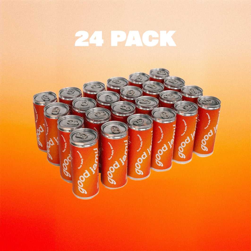 24-pack biologische turmeric frisdrank van Good Jamu met kurkuma, gember en limoen. Verfrissende jamu soda voor natuurlijke wellness.