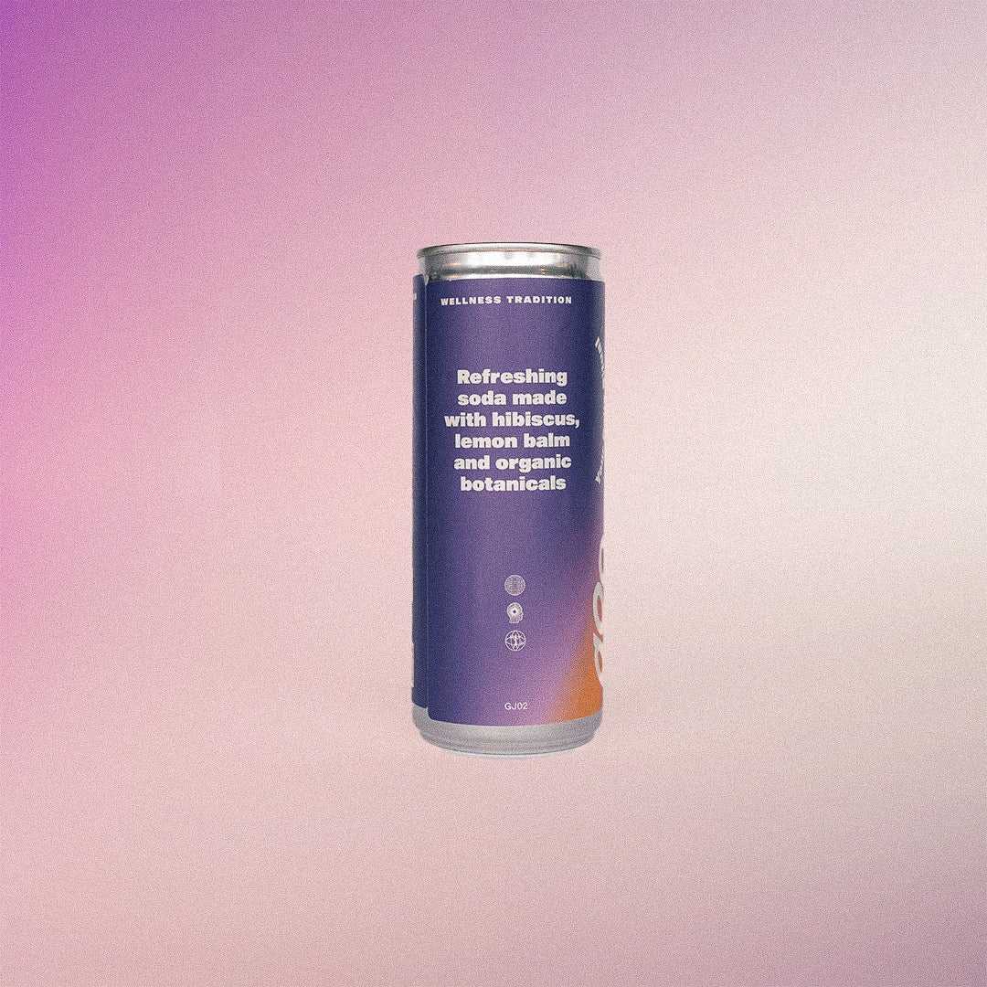 Achterzijde van Biologische Hibiscus Soda blik toont ingrediënten zoals hibiscus, citroenmelisse en biologische botanicals.