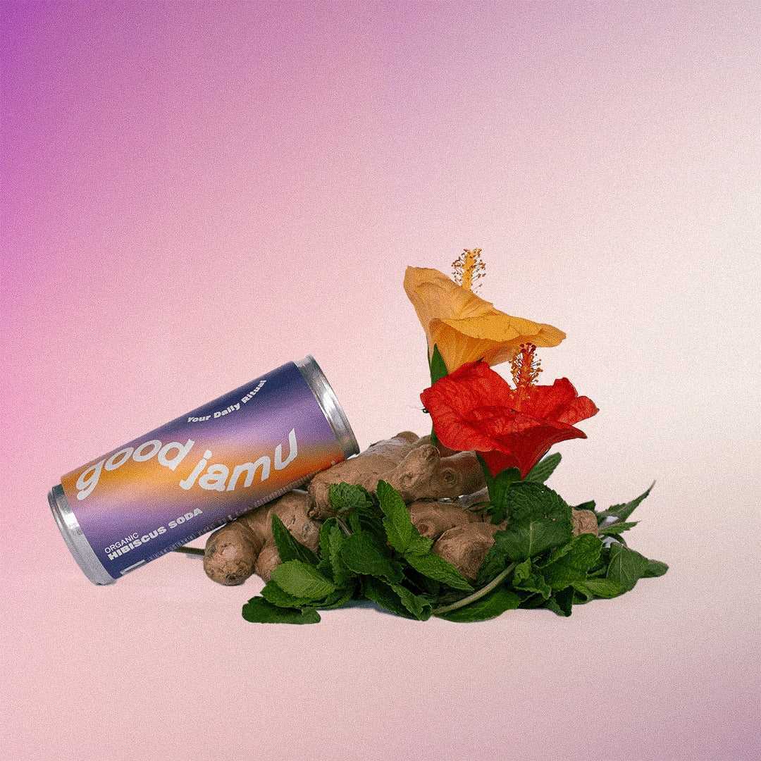 Good Jamu Hibiscus Soda met verse gember, hibiscusbloemen en munt, benadrukt natuurlijke en biologische samenstelling.
