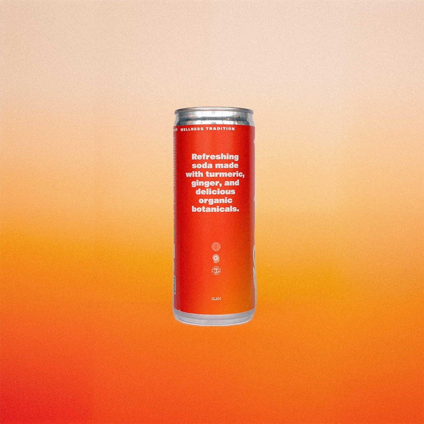 Turmeric Soda - Biologische Turmeric Frisdrank in slanke rode blik met kurkuma, gember en botanicals. Verfrissende Jamu soda voor natuurlijke energie.