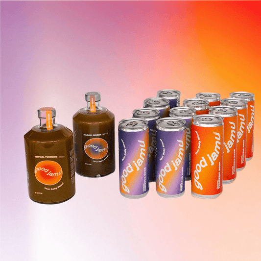 Starterpack met 2 Jamu-concentraten en 12-pack Good Jamu sodas in kleurrijke blikken. Ideaal wellness startpakket voor gezonde drankliefhebbers.